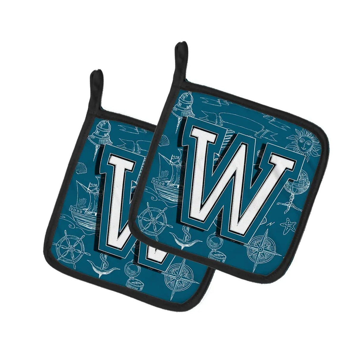 Pot Holder Set of 2 | Heat Resistant Quilted Hot Pads | 7.5 x 7.5 Inch | Letter W Sea Doodles Initial Alphabet