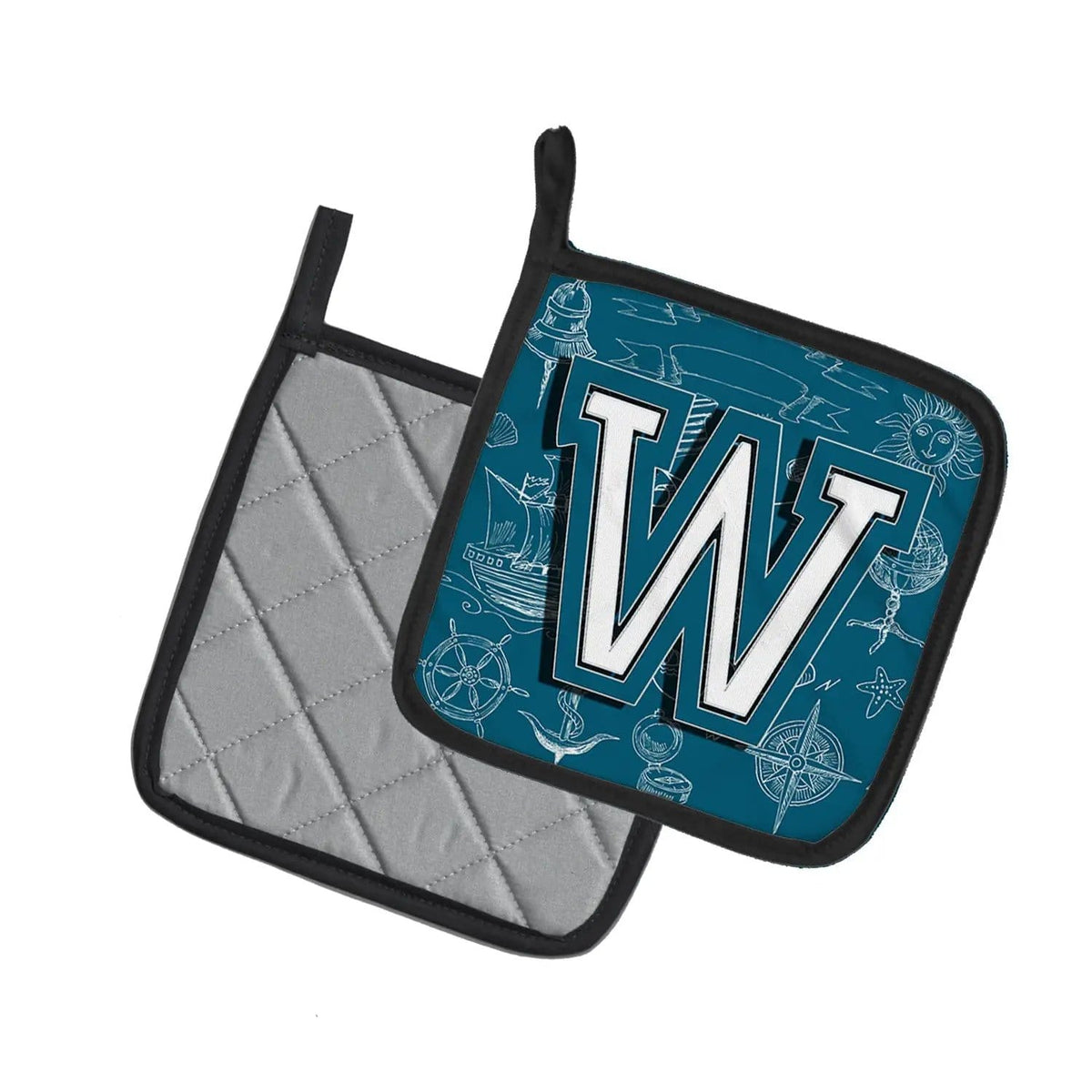 Pot Holder Set of 2 | Heat Resistant Quilted Hot Pads | 7.5 x 7.5 Inch | Letter W Sea Doodles Initial Alphabet