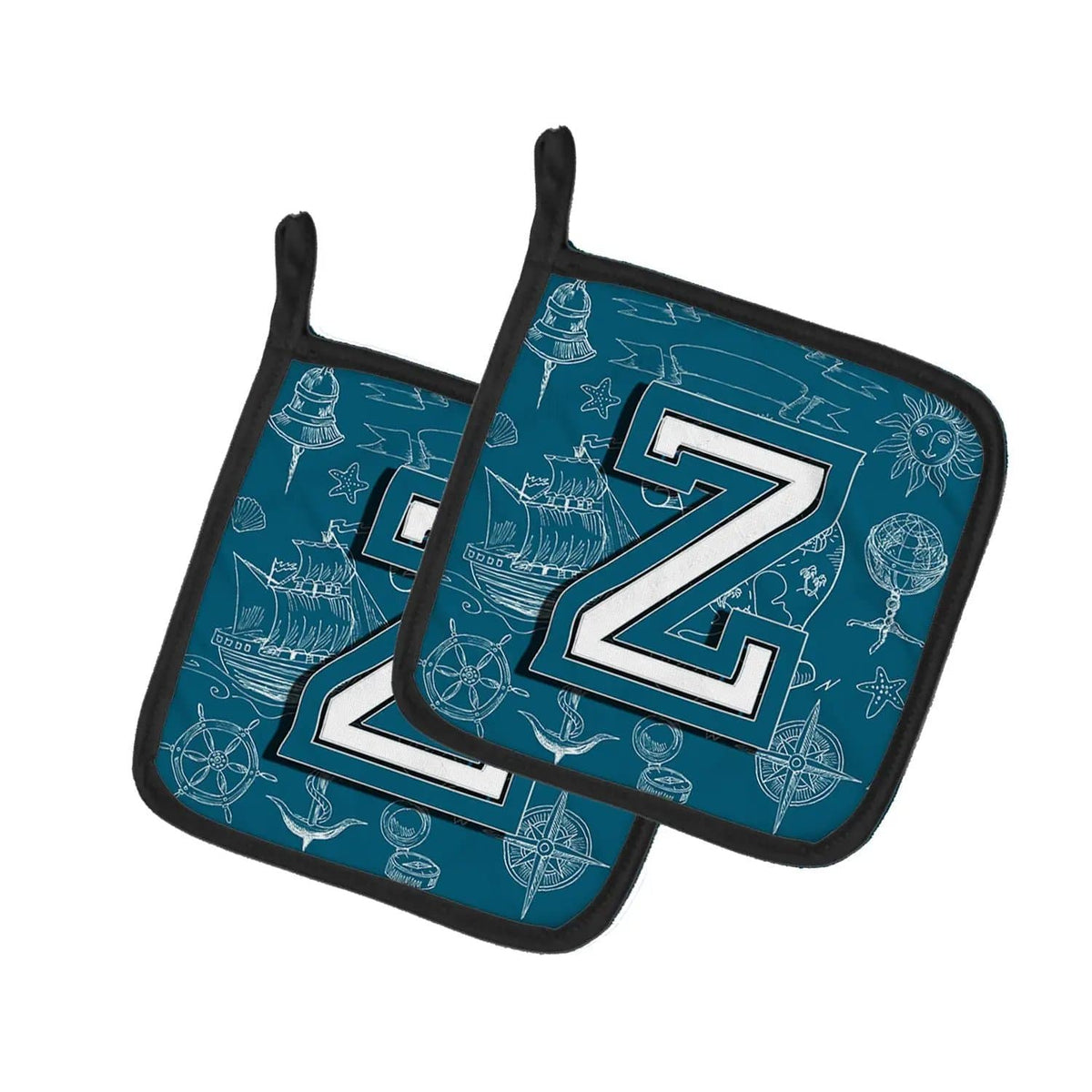 Pot Holder Set of 2 | Heat Resistant Quilted Hot Pads | 7.5 x 7.5 Inch | Letter Z Sea Doodles Initial Alphabet