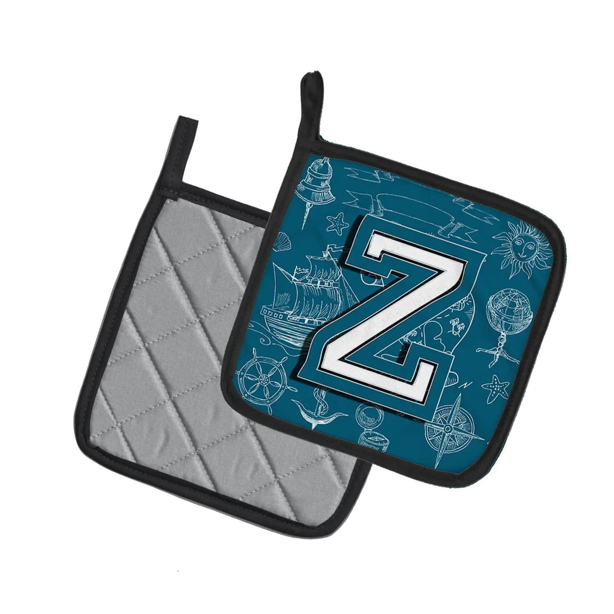 Pot Holder Set of 2 | Heat Resistant Quilted Hot Pads | 7.5 x 7.5 Inch | Letter Z Sea Doodles Initial Alphabet