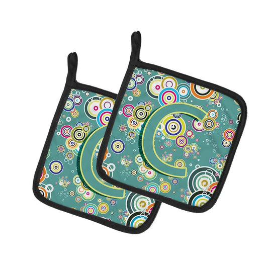 Pot Holder Set of 2 | Heat Resistant Quilted Hot Pads | 7.5 x 7.5 Inch | Letter C Circle Circle Teal Initial Alphabet