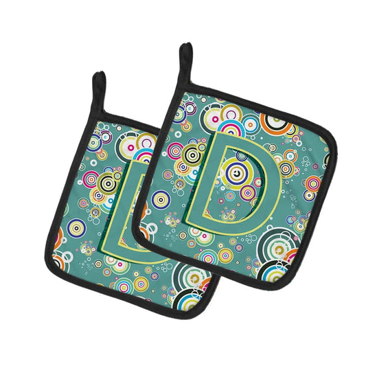 Pot Holder Set of 2 | Heat Resistant Quilted Hot Pads | 7.5 x 7.5 Inch | Letter D Circle Circle Teal Initial Alphabet