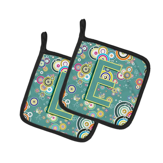 Pot Holder Set of 2 | Heat Resistant Quilted Hot Pads | 7.5 x 7.5 Inch | Letter E Circle Circle Teal Initial Alphabet