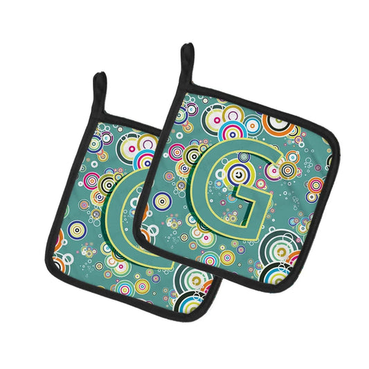 Pot Holder Set of 2 | Heat Resistant Quilted Hot Pads | 7.5 x 7.5 Inch | Letter G Circle Circle Teal Initial Alphabet