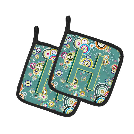 Pot Holder Set of 2 | Heat Resistant Quilted Hot Pads | 7.5 x 7.5 Inch | Letter H Circle Circle Teal Initial Alphabet