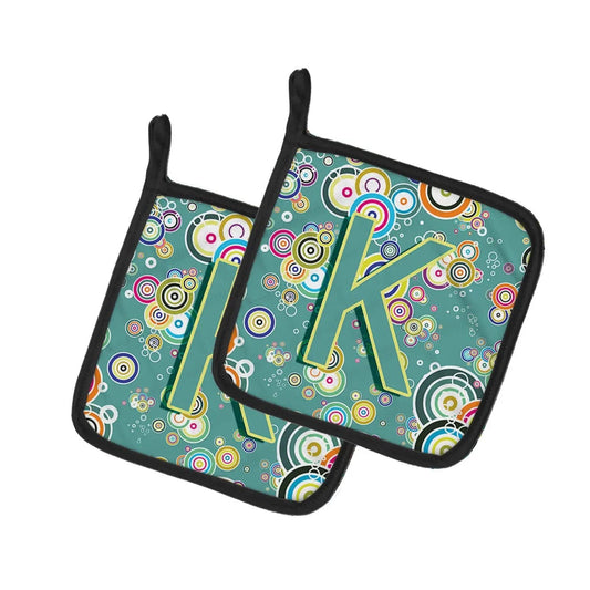 Pot Holder Set of 2 | Heat Resistant Quilted Hot Pads | 7.5 x 7.5 Inch | Letter K Circle Circle Teal Initial Alphabet