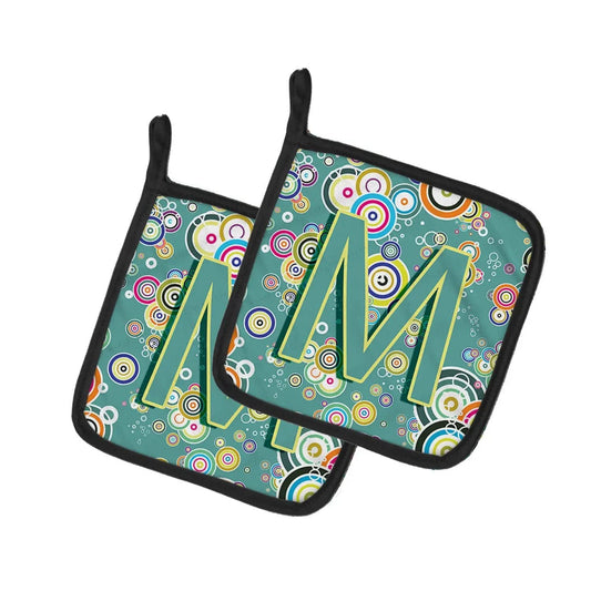 Pot Holder Set of 2 | Heat Resistant Quilted Hot Pads | 7.5 x 7.5 Inch | Letter M Circle Circle Teal Initial Alphabet