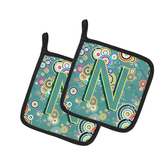 Pot Holder Set of 2 | Heat Resistant Quilted Hot Pads | 7.5 x 7.5 Inch | Letter N Circle Circle Teal Initial Alphabet