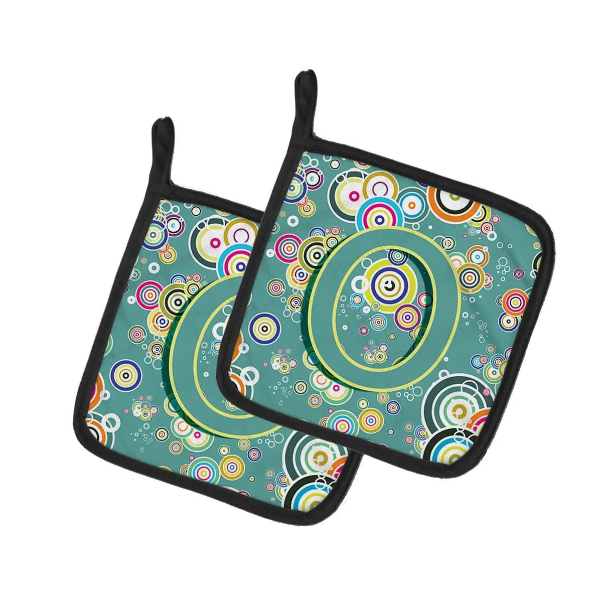 Pot Holder Set of 2 | Heat Resistant Quilted Hot Pads | 7.5 x 7.5 Inch | Letter O Circle Circle Teal Initial Alphabet