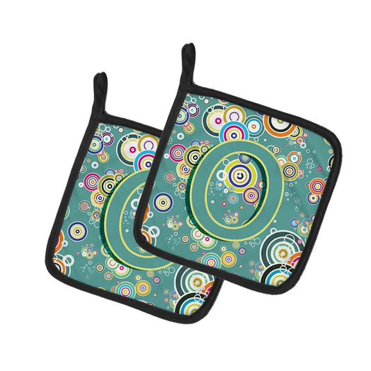 Pot Holder Set of 2 | Heat Resistant Quilted Hot Pads | 7.5 x 7.5 Inch | Letter O Circle Circle Teal Initial Alphabet