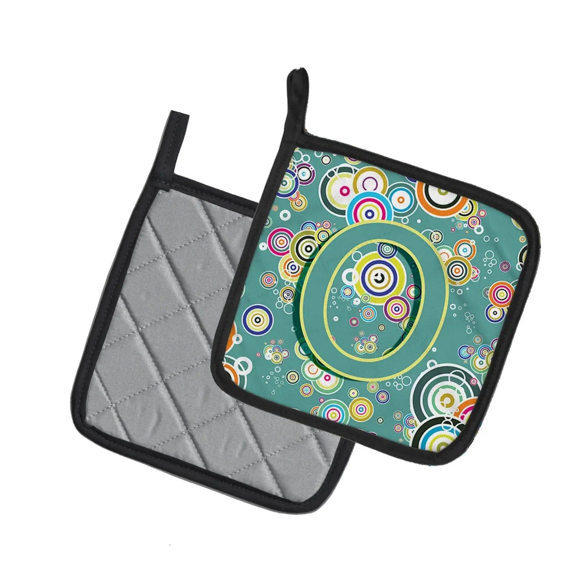 Pot Holder Set of 2 | Heat Resistant Quilted Hot Pads | 7.5 x 7.5 Inch | Letter O Circle Circle Teal Initial Alphabet
