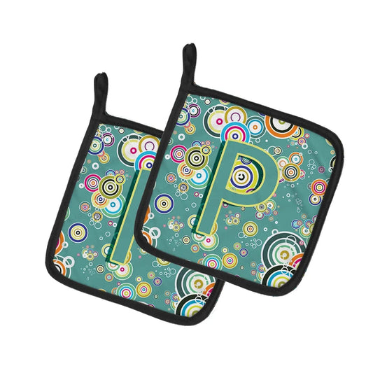 Pot Holder Set of 2 | Heat Resistant Quilted Hot Pads | 7.5 x 7.5 Inch | Letter P Circle Circle Teal Initial Alphabet