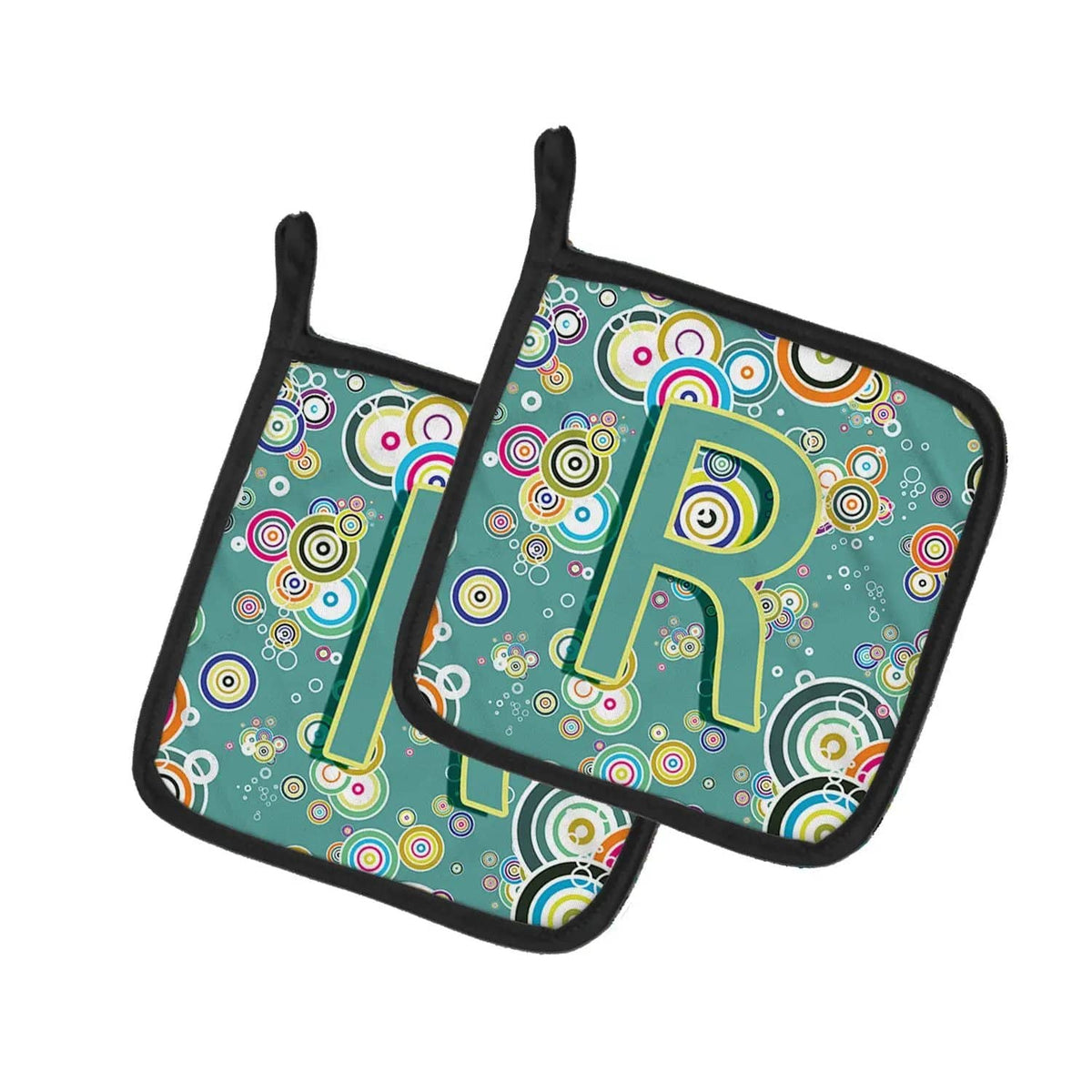 Pot Holder Set of 2 | Heat Resistant Quilted Hot Pads | 7.5 x 7.5 Inch | Letter R Circle Circle Teal Initial Alphabet