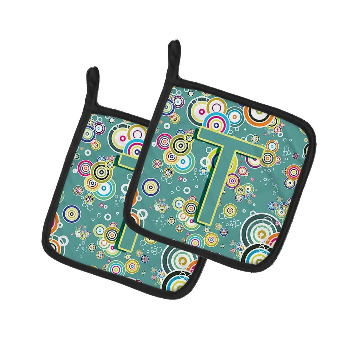 Pot Holder Set of 2 | Heat Resistant Quilted Hot Pads | 7.5 x 7.5 Inch | Letter T Circle Circle Teal Initial Alphabet