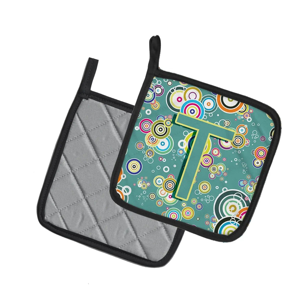 Pot Holder Set of 2 | Heat Resistant Quilted Hot Pads | 7.5 x 7.5 Inch | Letter T Circle Circle Teal Initial Alphabet