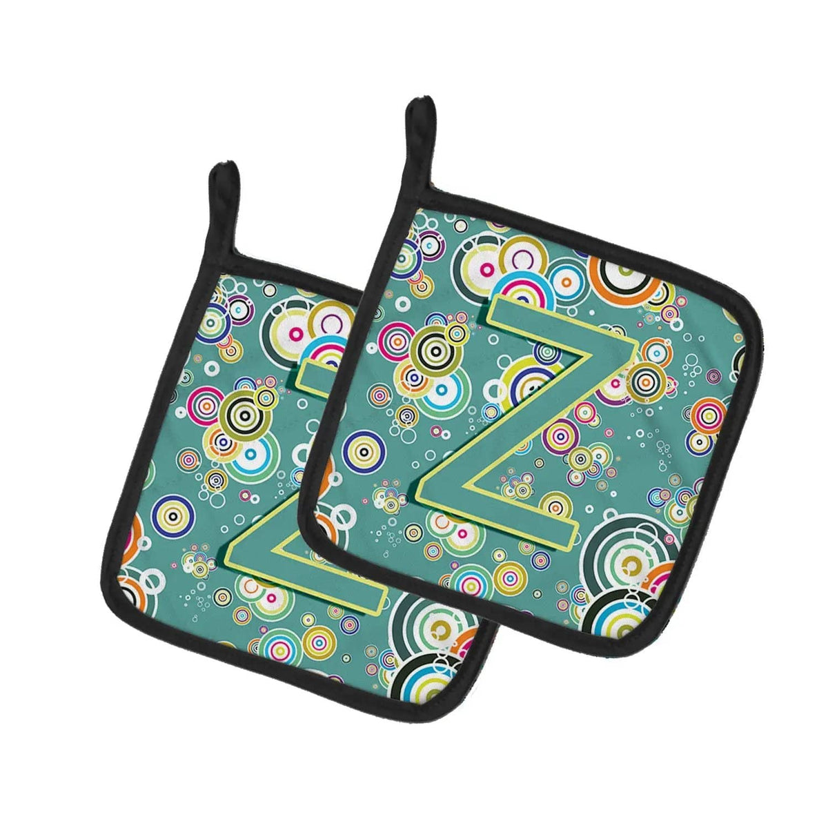 Pot Holder Set of 2 | Heat Resistant Quilted Hot Pads | 7.5 x 7.5 Inch | Letter Z Circle Circle Teal Initial Alphabet