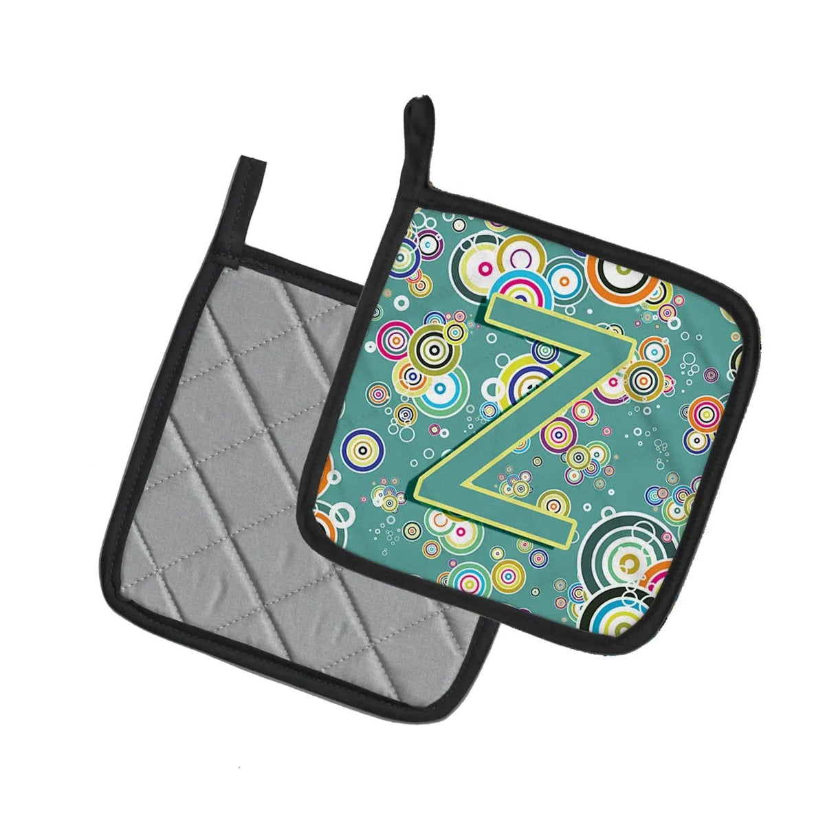 Pot Holder Set of 2 | Heat Resistant Quilted Hot Pads | 7.5 x 7.5 Inch | Letter Z Circle Circle Teal Initial Alphabet
