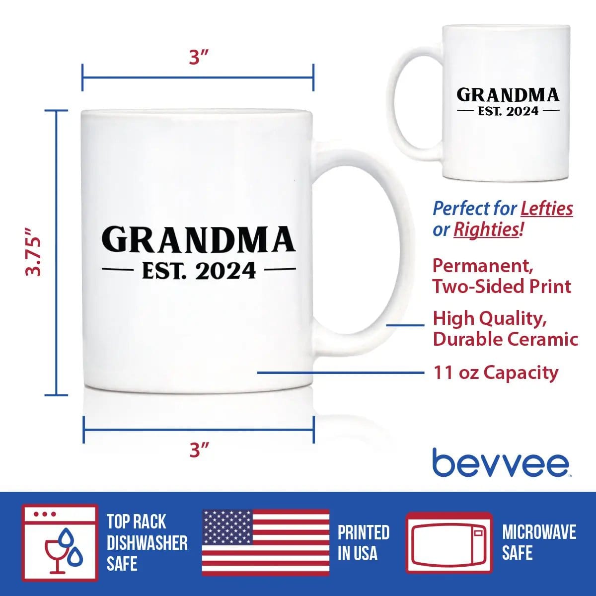 Ceramic Coffee Mug | Dishwasher & Microwave Safe | Double Printed | Grandma Est 2024 - New Grandmother