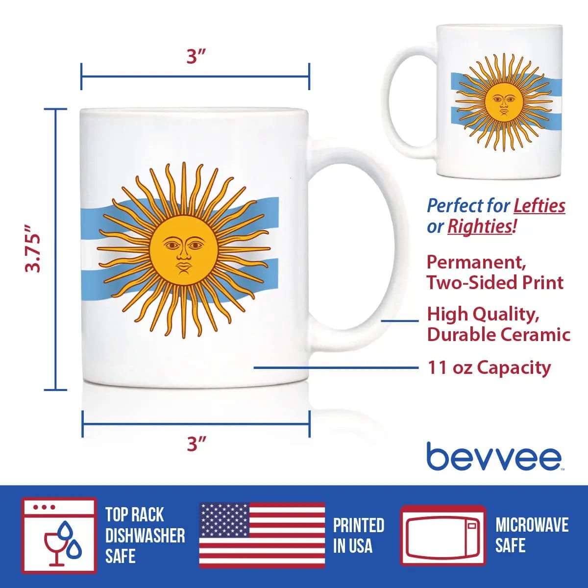 Ceramic Coffee Mug | Dishwasher & Microwave Safe | Double Printed | Argentina Flag