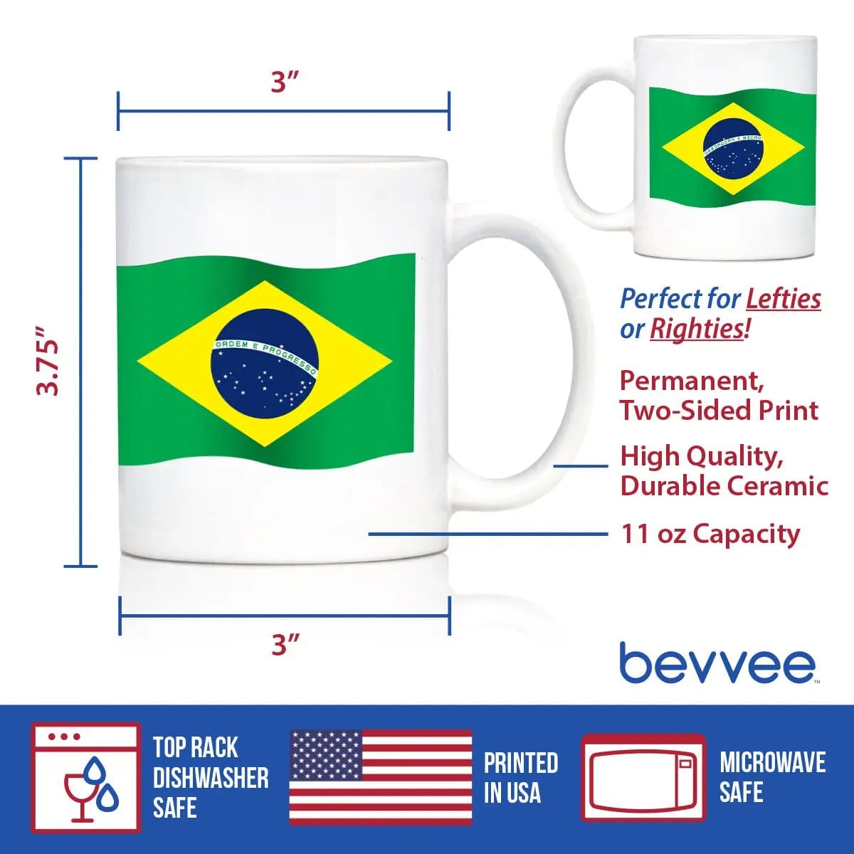 Ceramic Coffee Mug | Dishwasher & Microwave Safe | Double Printed | Brazil Flag