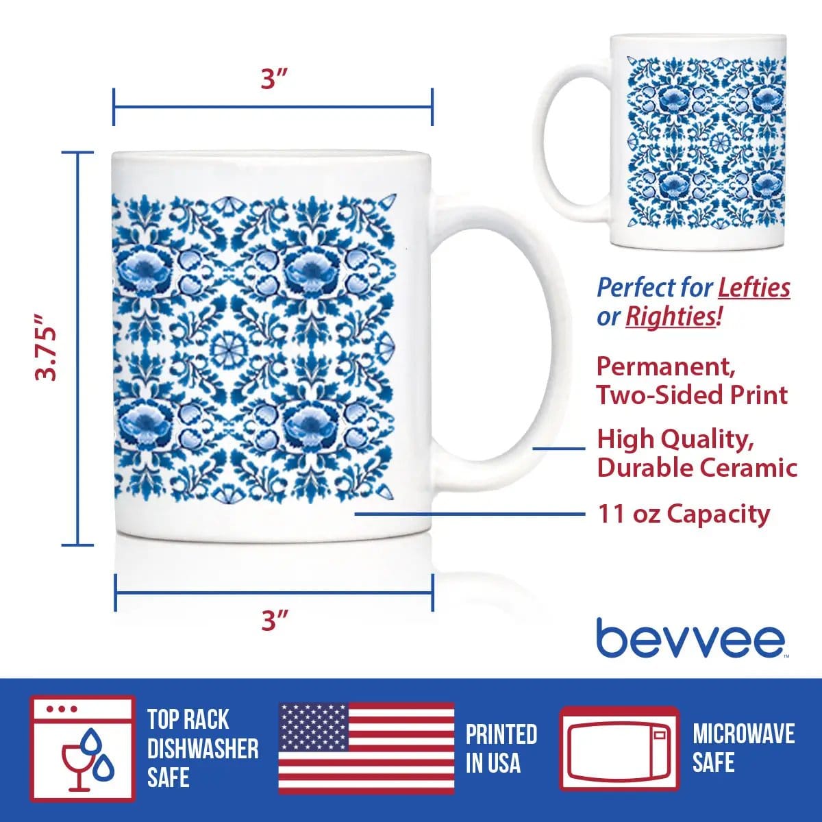Ceramic Coffee Mug | Dishwasher & Microwave Safe | Double Printed | Delft Blue and White