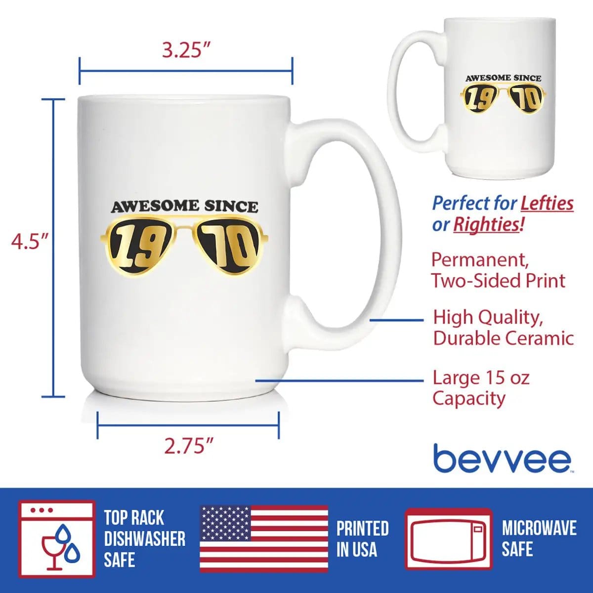 Ceramic Coffee Mug | Dishwasher & Microwave Safe | Double Printed | Awesome Since 1970