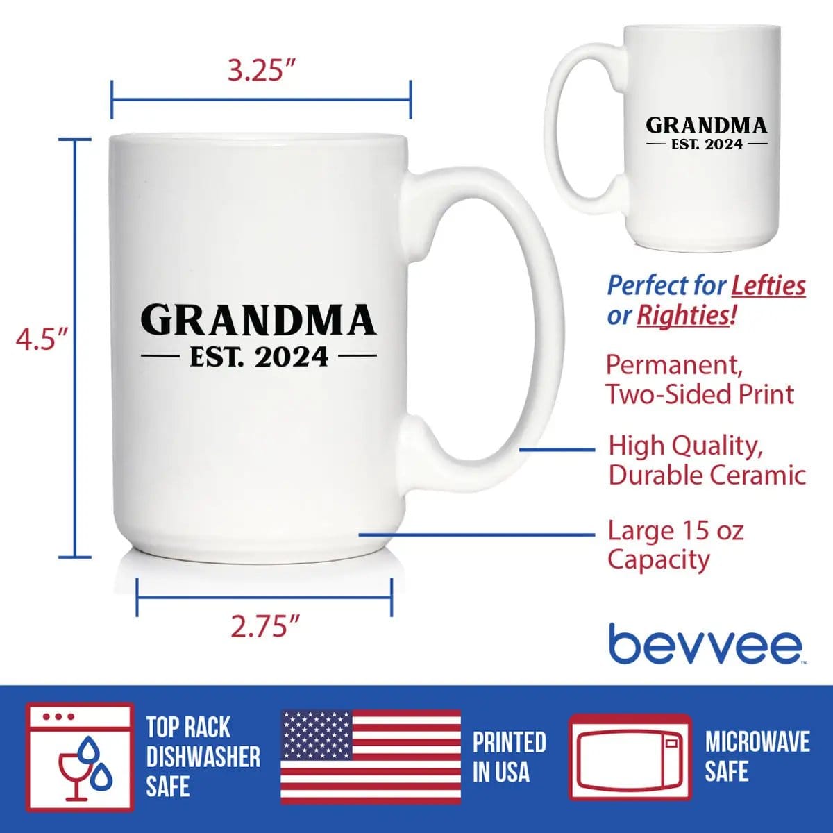 Ceramic Coffee Mug | Dishwasher & Microwave Safe | Double Printed | Grandma Est 2024 - New Grandmother