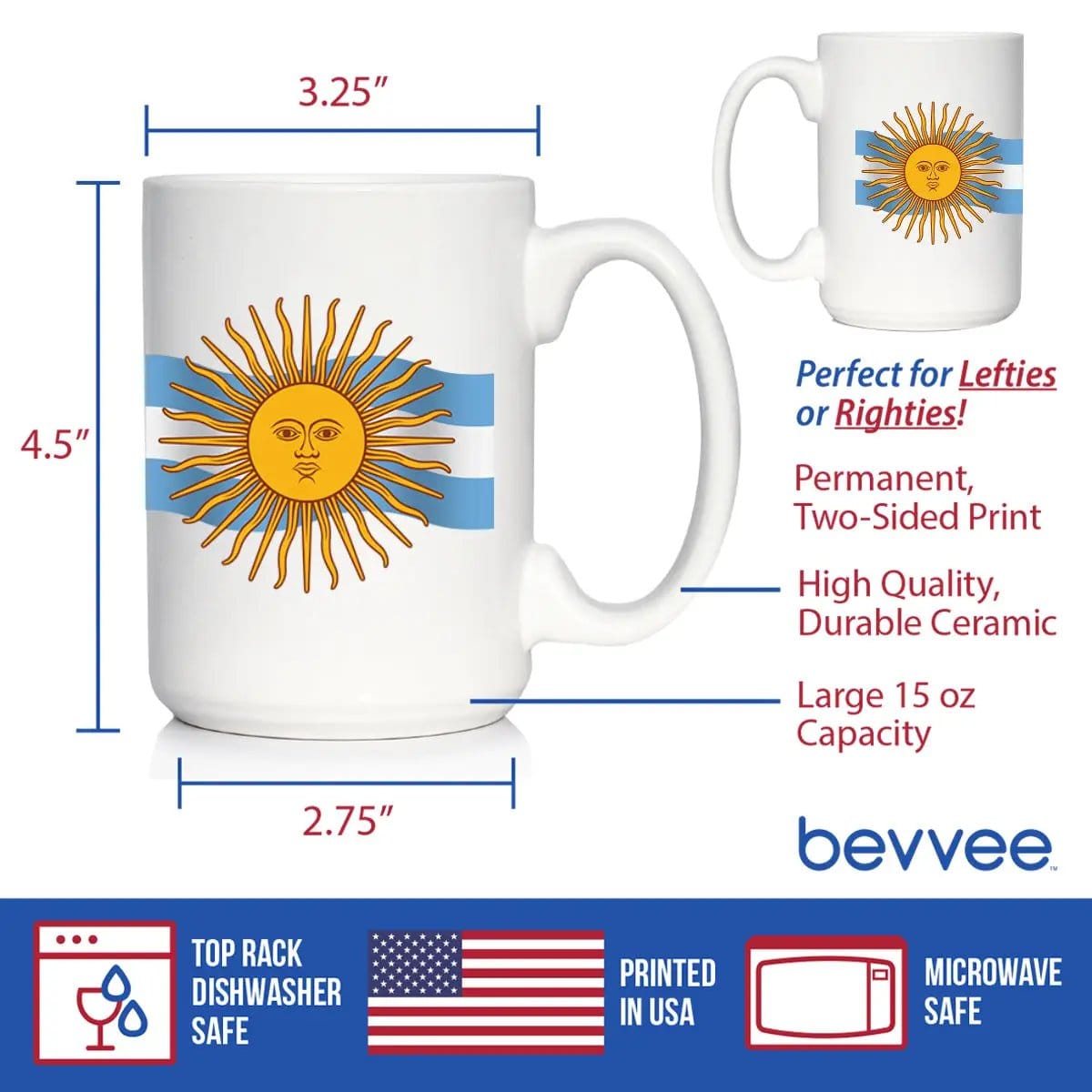 Ceramic Coffee Mug | Dishwasher & Microwave Safe | Double Printed | Argentina Flag