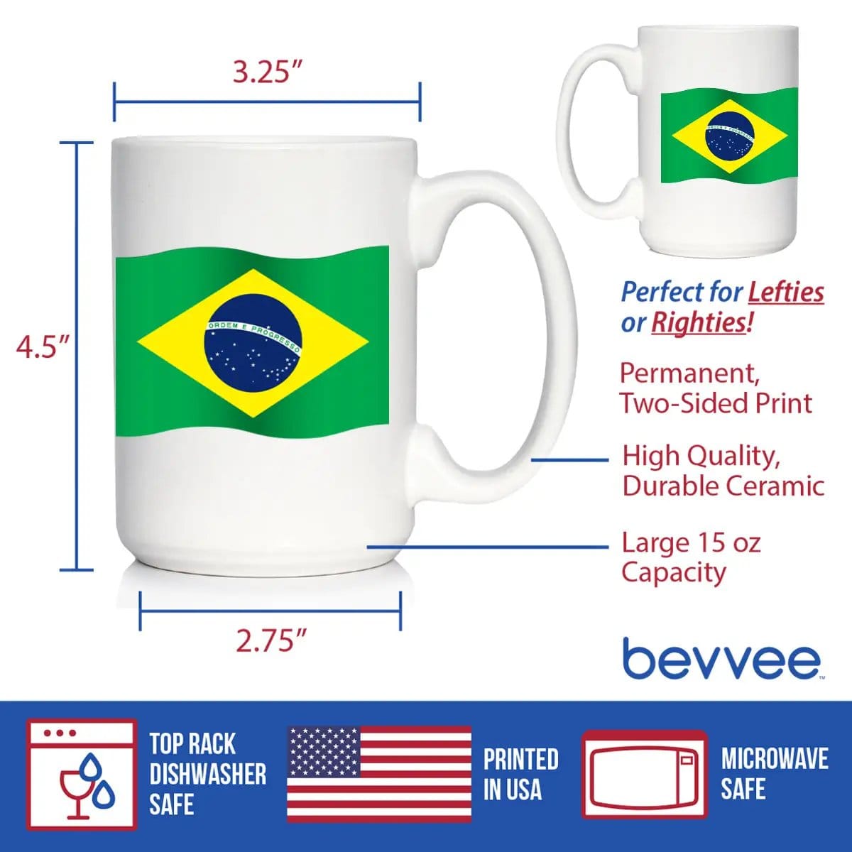 Ceramic Coffee Mug | Dishwasher & Microwave Safe | Double Printed | Brazil Flag
