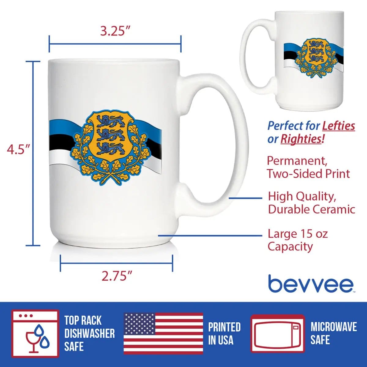 Ceramic Coffee Mug | Dishwasher & Microwave Safe | Double Printed | Estonia Flag