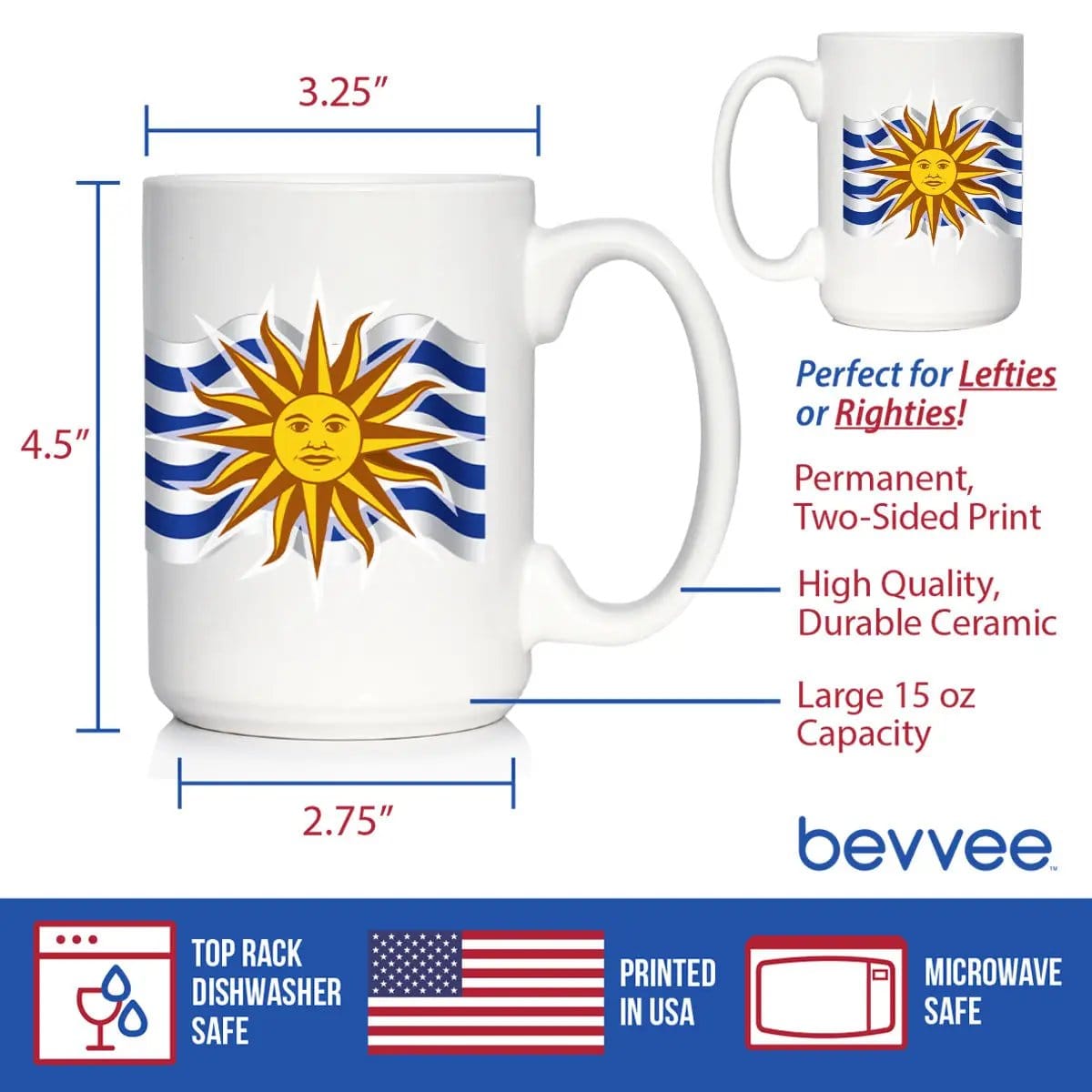 Ceramic Coffee Mug | Dishwasher & Microwave Safe | Double Printed | Uruguay Flag