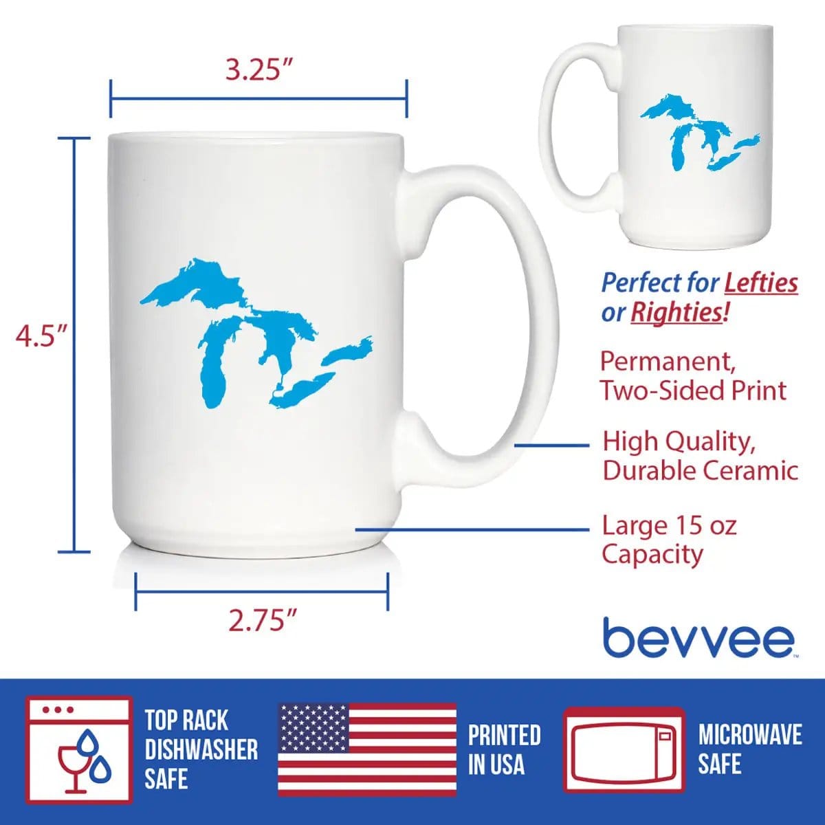 Ceramic Coffee Mug | Dishwasher & Microwave Safe | Double Printed | Great Lakes Map