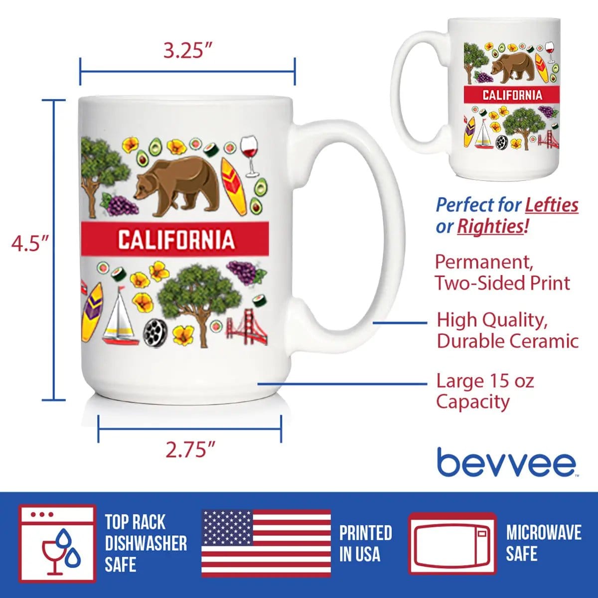 Ceramic Coffee Mug | Dishwasher & Microwave Safe | Double Printed | California Flag Pattern