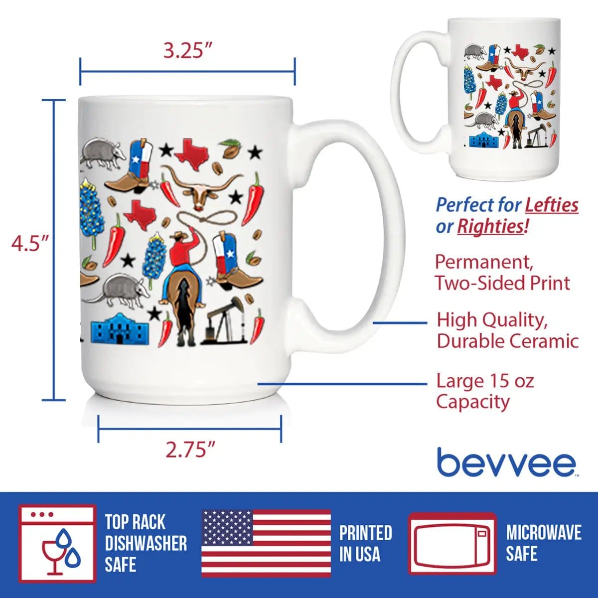 Ceramic Coffee Mug | Dishwasher & Microwave Safe | Double Printed | Texas Pattern
