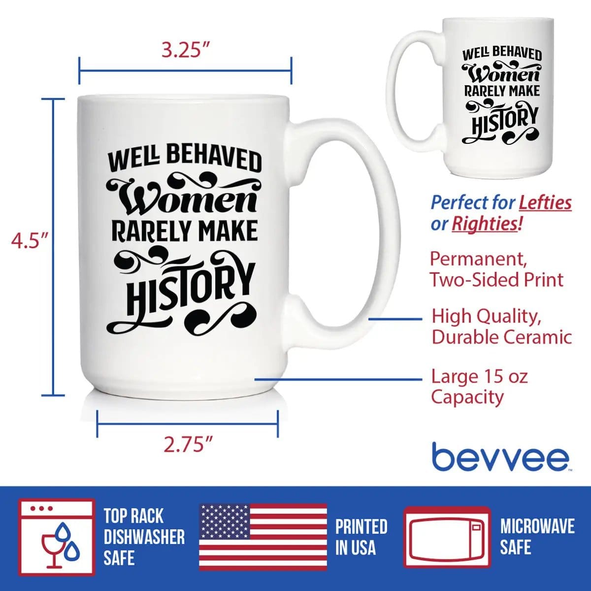 Ceramic Coffee Mug | Dishwasher & Microwave Safe | Double Printed | Well Behaved Women Rarely Make History