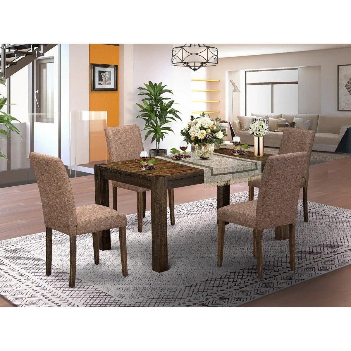 EAST WEST FURNITURE CNAB5-77-47 5-Pc Dining Room Set- 4 Parson Dining Chairs and | 5-Piece Set | Rubberwood & Linen | Light Sable Linen Fabric Seat and Stylish Chair Back (Distressed Jacobean Finish)
