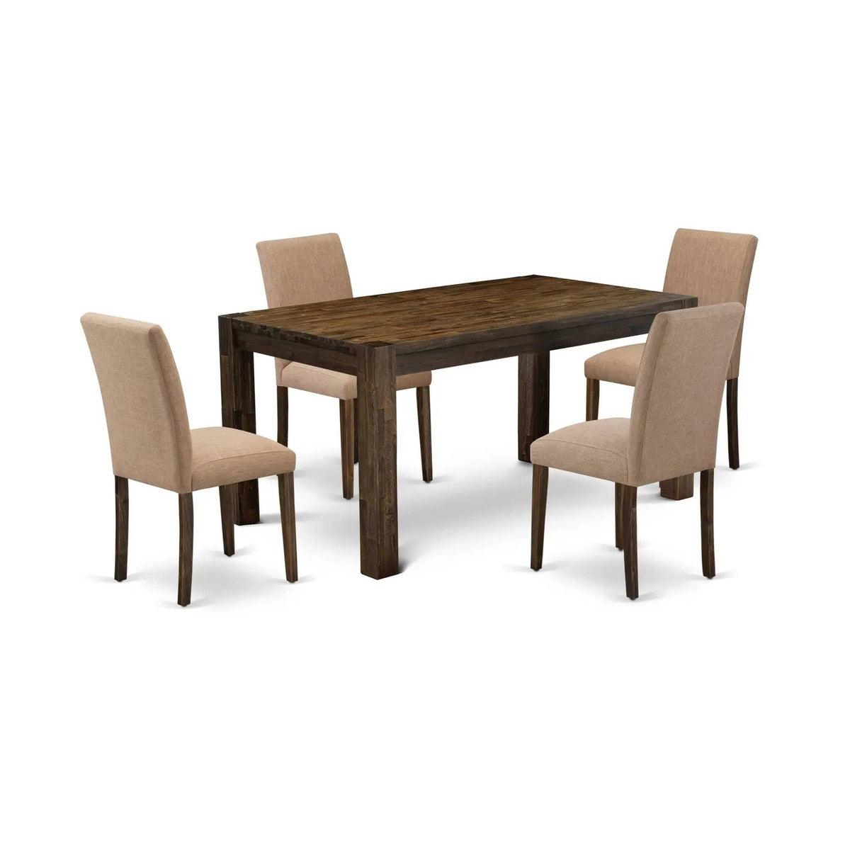 EAST WEST FURNITURE CNAB5-77-47 5-Pc Dining Room Set- 4 Parson Dining Chairs and | 5-Piece Set | Rubberwood & Linen | Light Sable Linen Fabric Seat and Stylish Chair Back (Distressed Jacobean Finish)