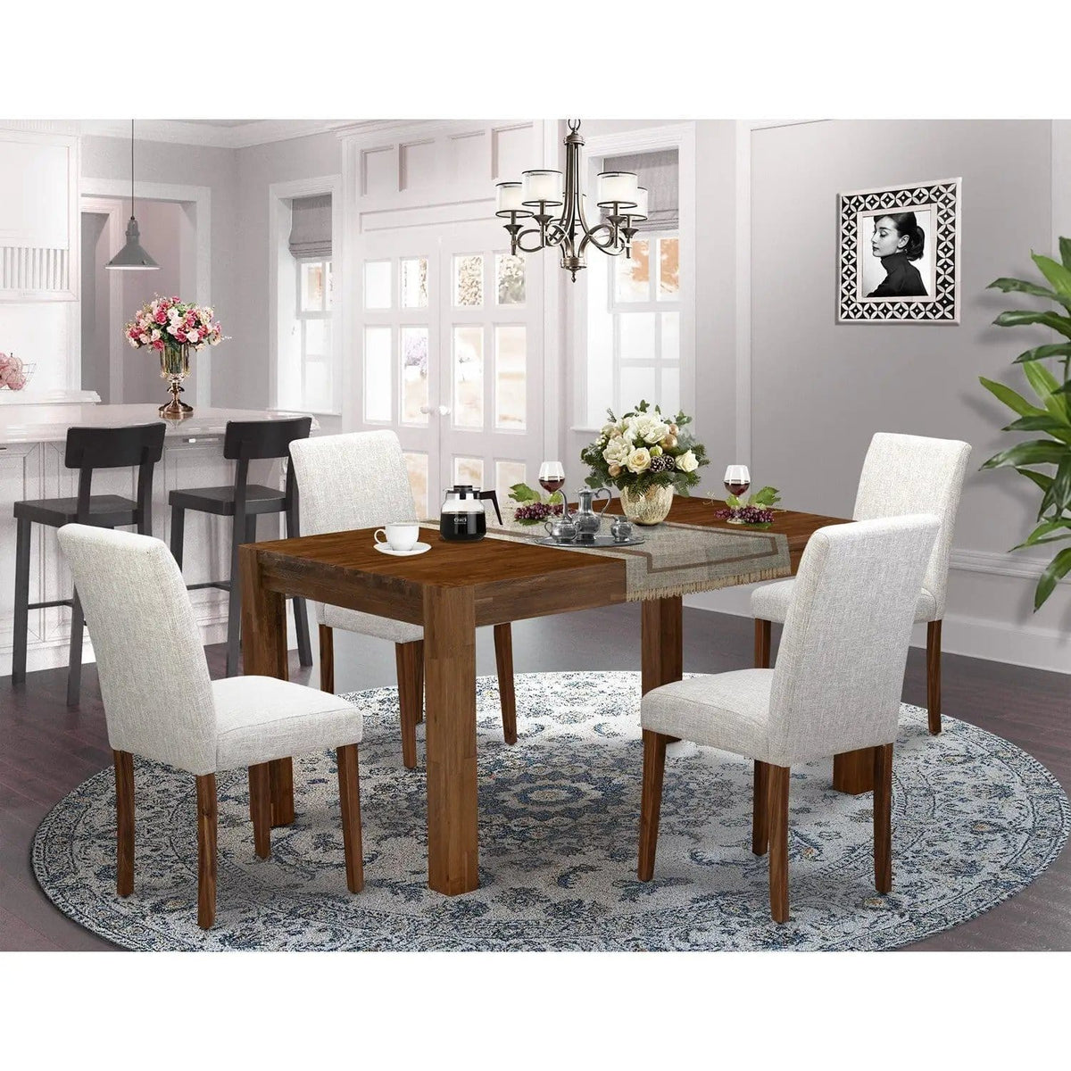 EAST WEST FURNITURE CNAB5-NN-35 5-Pc Dining Table Set- 4 Dining Chairs and | 5-Piece Set | Rubberwood & Walnut | Doeskin Linen Fabric Seat and High Chair Back (Antique Walnut Finish)