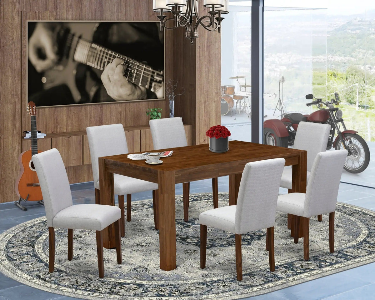 EAST WEST FURNITURE CNAB7-N8-05 7-Pc Modern Dining Set- 6 Parson Dining Chairs and | 7-Piece Set | Walnut & Linen | Grey Linen Fabric Seat and High Chair Back (Antique Walnut Finish)
