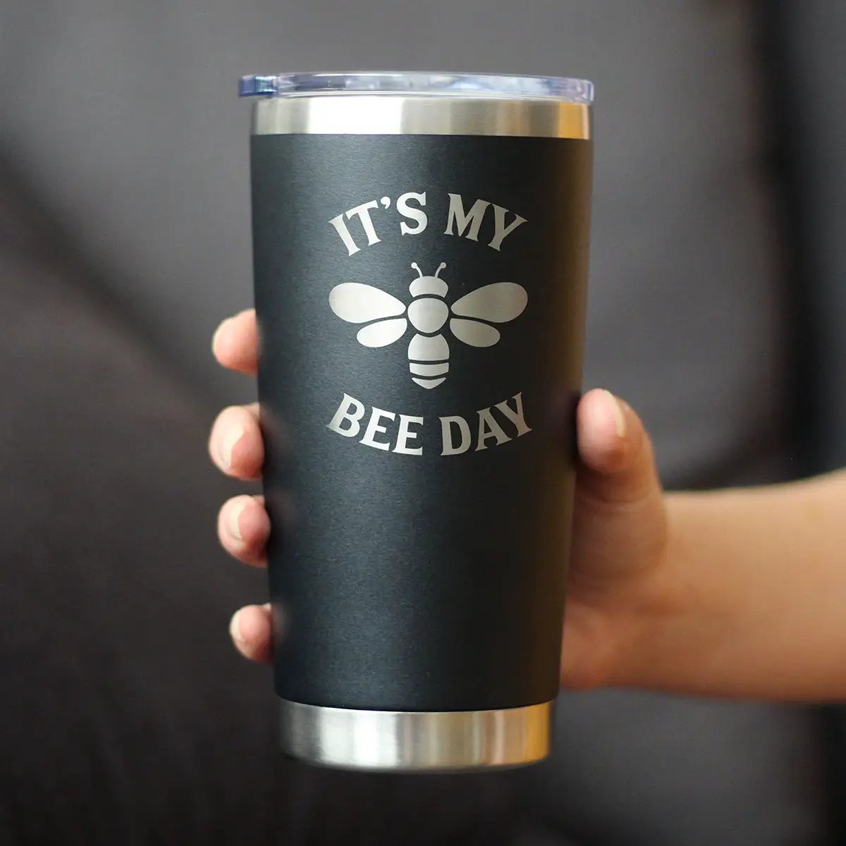 Bee Day Coffee Tumbler | 20 Oz Double Wall Stainless Steel | Sliding Lid | Bumblebee Bday Party Décor