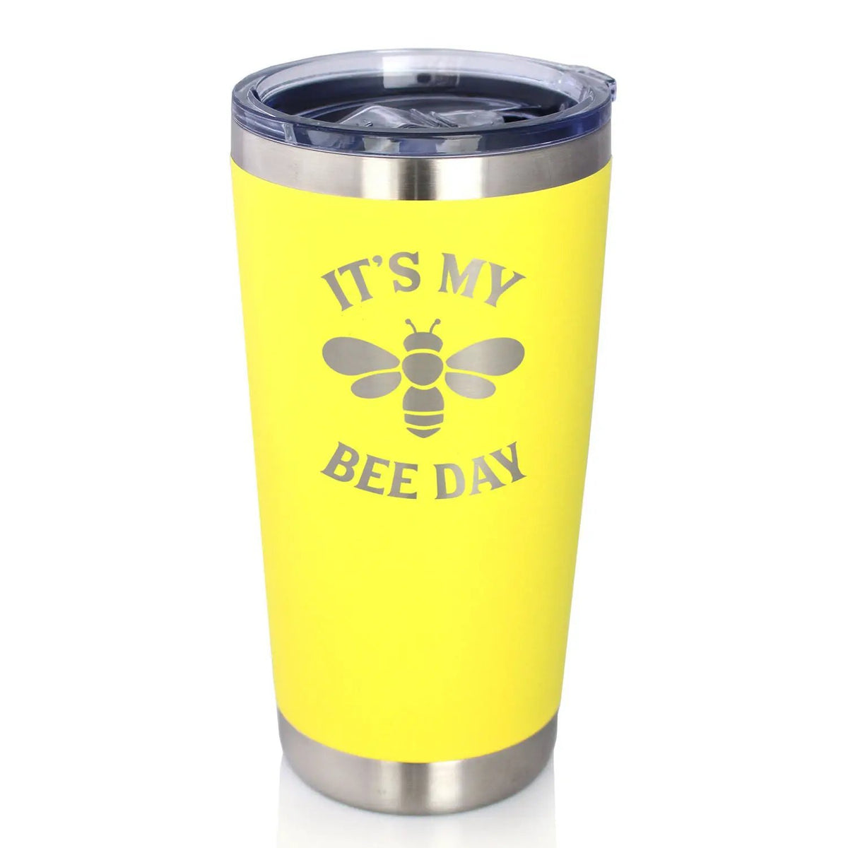 Bee Day Coffee Tumbler | 20 Oz Double Wall Stainless Steel | Sliding Lid | Bumblebee Bday Party Décor