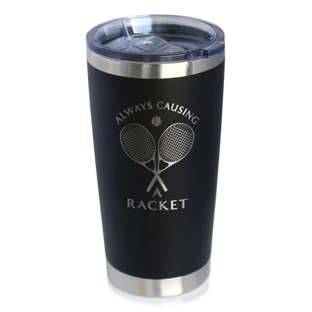 Causing A Racket Coffee Tumbler | 20 Oz Double Wall Stainless Steel | Sliding Lid | Funny Tennis Themed Gifts