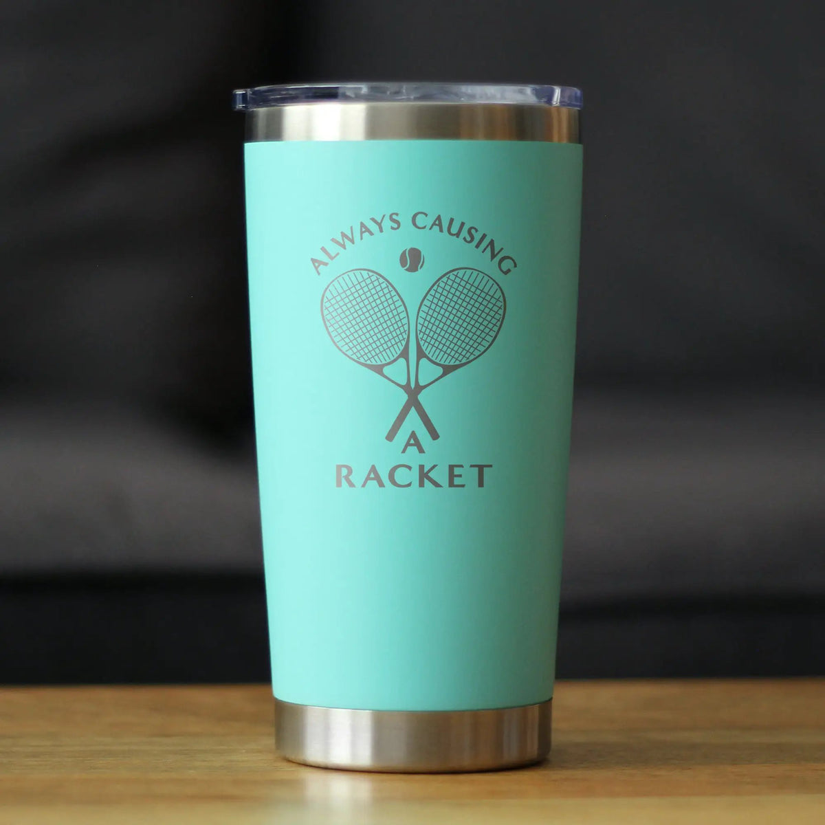 Causing A Racket Coffee Tumbler | 20 Oz Double Wall Stainless Steel | Sliding Lid | Funny Tennis Themed Gifts