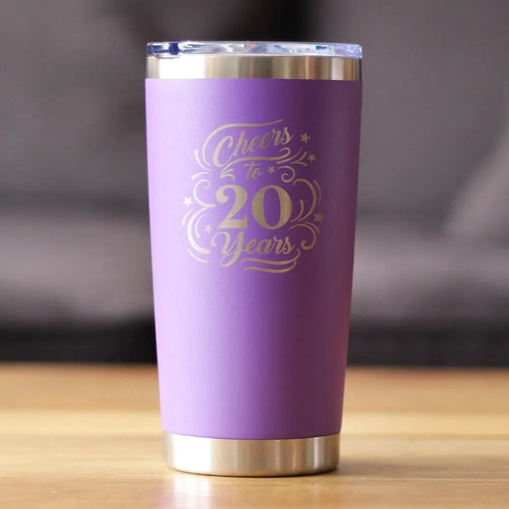 Insulated Coffee Tumbler | 20 oz Stainless Steel | Sliding Lid | Cheers to 20 Years