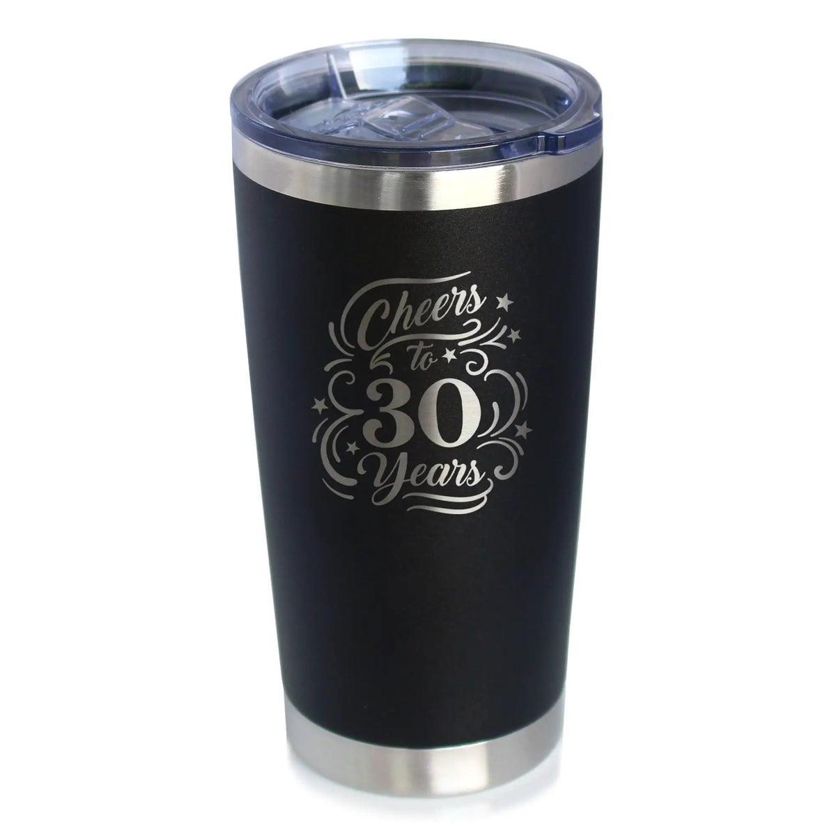 Cheers to 30 Years Coffee Tumbler | 20 Oz Double Wall Stainless Steel | Sliding Lid | 30th Anniversary Gifts and Party Decor