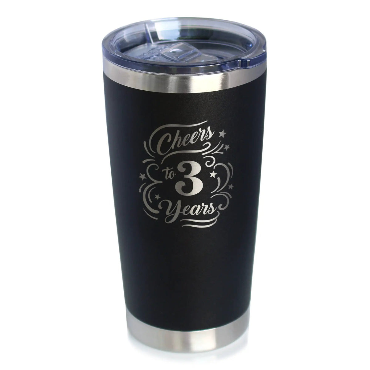 Cheers to 3 Years Coffee Tumbler | 20 Oz Double Wall Stainless Steel | Sliding Lid | 3rd Anniversary Gifts and Party Decor
