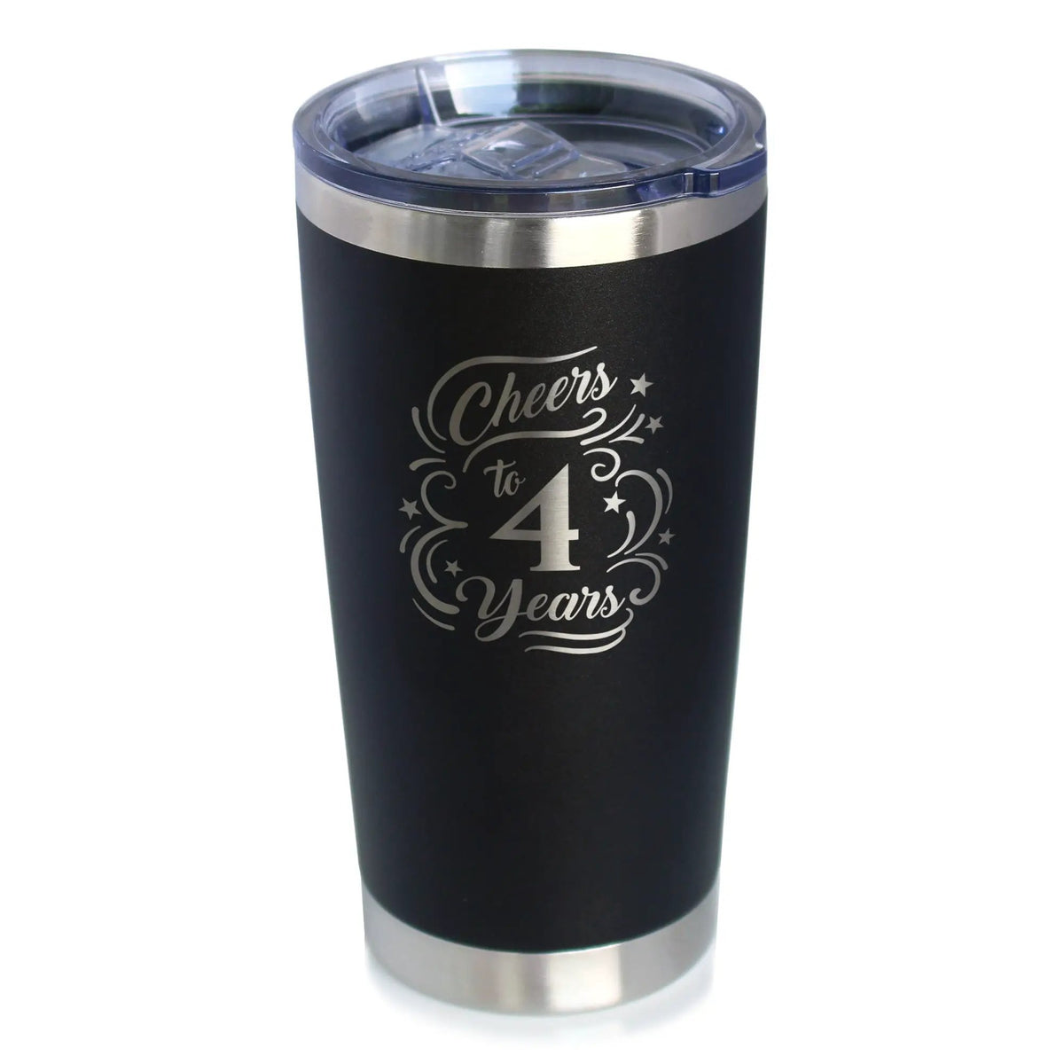 Cheers to 4 Years Coffee Tumbler | 20 Oz Double Wall Stainless Steel | Sliding Lid | 4th Anniversary Gifts and Party Decor