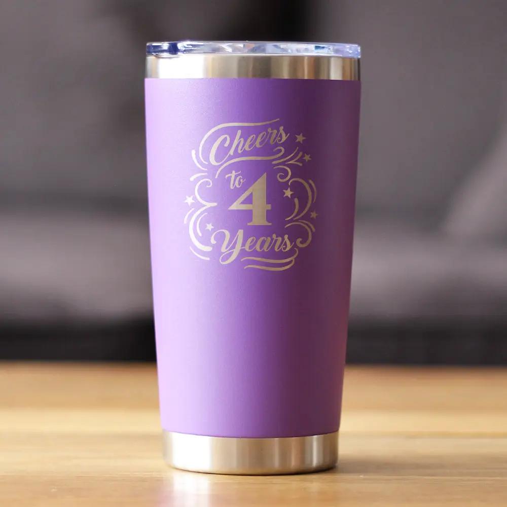 Cheers to 4 Years Coffee Tumbler | 20 Oz Double Wall Stainless Steel | Sliding Lid | 4th Anniversary Gifts and Party Decor