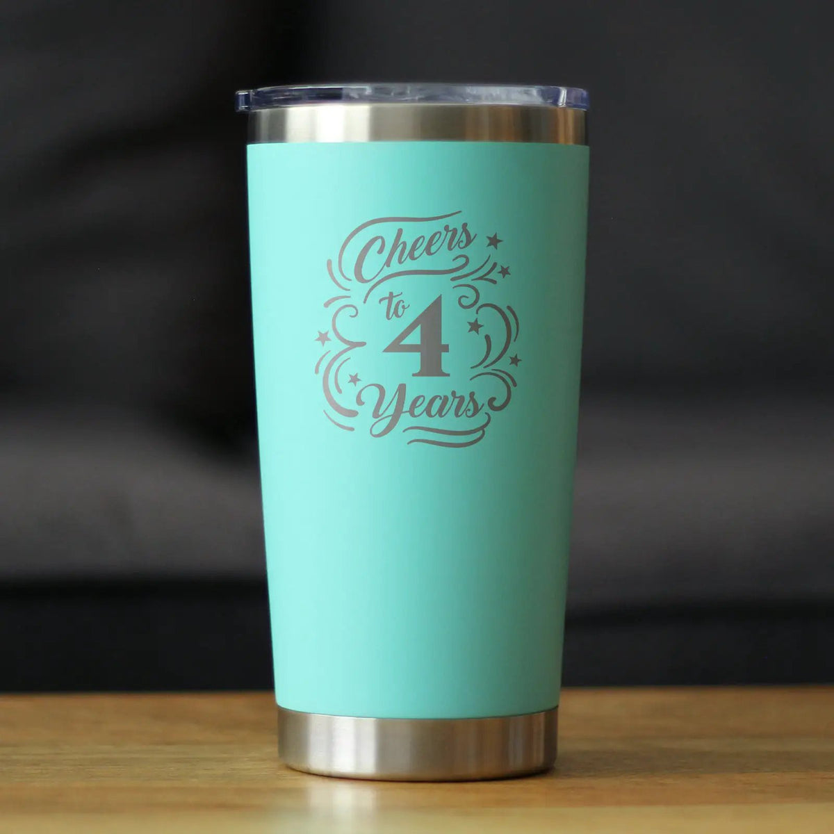 Cheers to 4 Years Coffee Tumbler | 20 Oz Double Wall Stainless Steel | Sliding Lid | 4th Anniversary Gifts and Party Decor