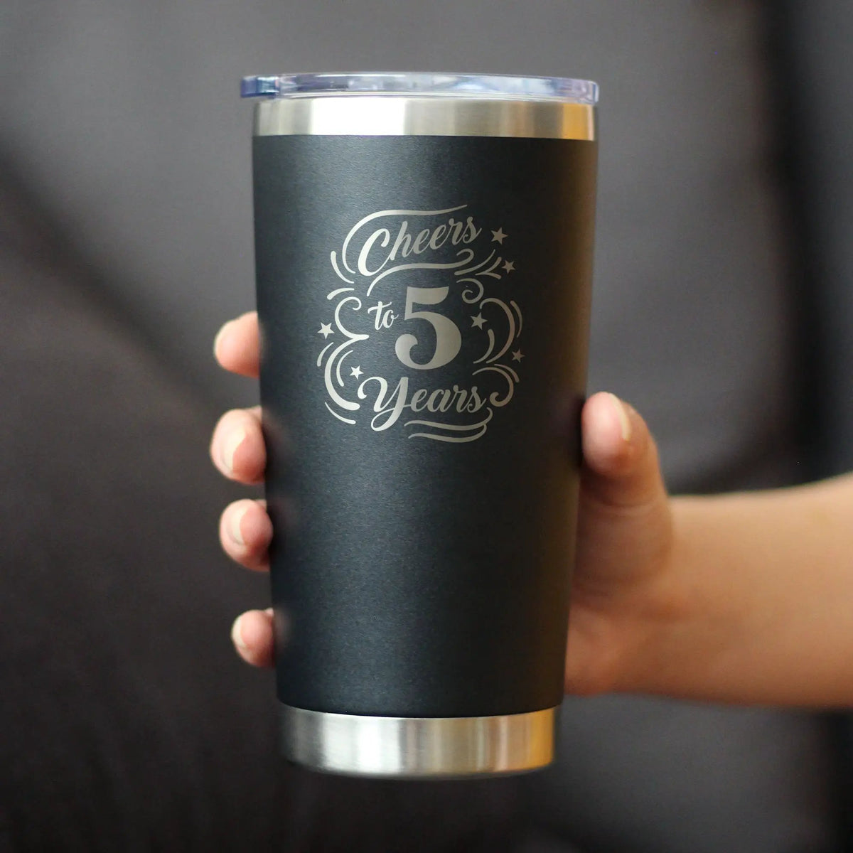 Cheers to 5 Years Coffee Tumbler | 20 Oz Double Wall Stainless Steel | Sliding Lid | 5th Anniversary Gifts and Party Decor